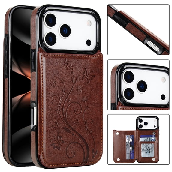 Kryonix for iPhone 17 Pro Max Case Wallet for Women, Butterfly-Print 2-in-1 PU Leather Wallet with Card Holder and Stand, Shockproof Anti-Slip Scratch-Resistant Protective Phone Cover, Purple/Pink