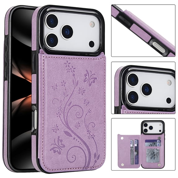 Kryonix for iPhone 17 Pro Max Case Wallet for Women, Butterfly-Print 2-in-1 PU Leather Wallet with Card Holder and Stand, Shockproof Anti-Slip Scratch-Resistant Protective Phone Cover, Purple/Pink