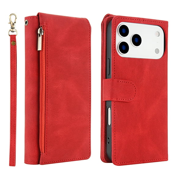 Kryonix for iPhone 17 Pro Max Wallet Case with Card Holder, 2 in 1 PU Leather Flip Folio with RFID Blocking Stand with Wrist Strap Shockproof Phone Cover, Red/Pink/Black