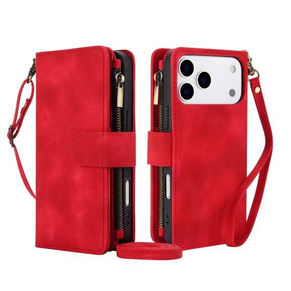 Kryonix For iPhone 17 Pro Max Wallet Case with Card Slots Cash Pocket, PU Leather with Adjustable Crossbody Strap & Wrist Strap, Auto-Magnet Closure, Shockproof & RFID Blocking