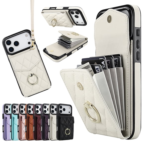 Kryonix for iPhone 17 Pro Max Wallet Case, Crossbody Purse with Wrist Strap Lanyard Handbag, RFID Blocking Card Holders, 360 ° Rotation Ring Kickstand, Pink/Beige/Black
