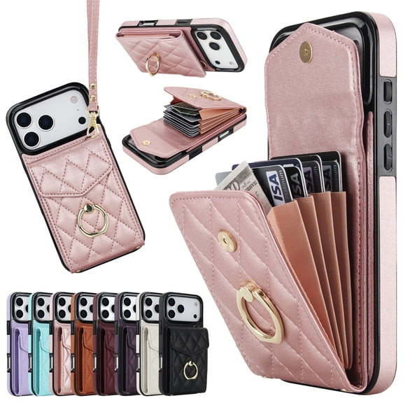 Kryonix for iPhone 17 Pro Max Wallet Case, Crossbody Purse with Wrist Strap Lanyard Handbag, RFID Blocking Card Holders, 360 ° Rotation Ring Kickstand,  Pink/Beige/Black