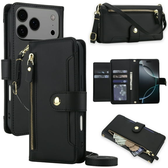 Kryonix for iPhone 17 Pro Max Wallet Crossbody Case, PU Leather Flip Cover with Card Holder and Zipper Pocket, Detachable Shoulder & Wrist Strap Secure RFID Blocking Protection,Black/Hot Pink