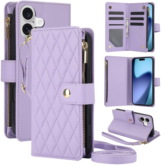 Kryonix for iPhone 17 Wallet Case, Crossbody Zipper Purse with Wrist Strap Lanyard Handbag, RFID Blocking Card Holders, Kickstand Flip Leather Cover, Pink/Beige/Black
