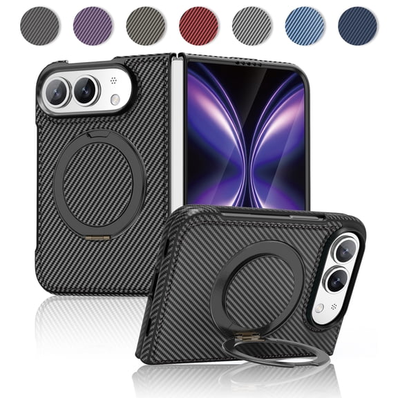 Kryonix for iPhone Duo Case with 360° Rotating Ring Kickstand,Compatible with MagSafe, Built-in Screen Protector Spring Hinge Protection, Carbon Fiber Texture Anti-Fingerprint Back,Black
