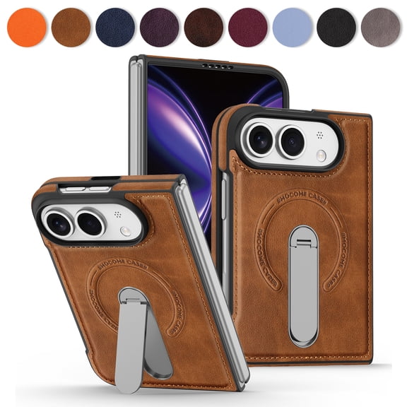 Kryonix for iPhone Duo Case with Magnetic Invisible 360° Rotatable Metal Stand,Built-in Kickstand Compatible with MagSafe, Slim PU Leather Military Grade Drop Protection Shockproof Cover,Brown
