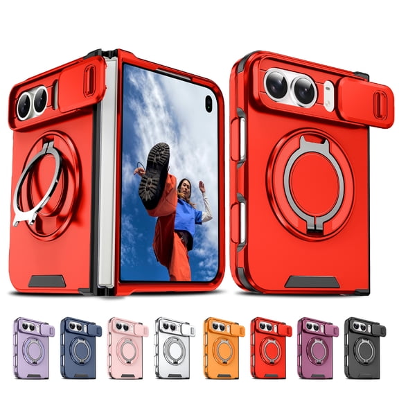 Kryonix for iPhone Duo Case with Screen Protector,Rugged Shockproof 360° Magnetic Metal Ring Kickstand Protective Cover,Slide Camera Cover,Hard Shell Phone Case,Red