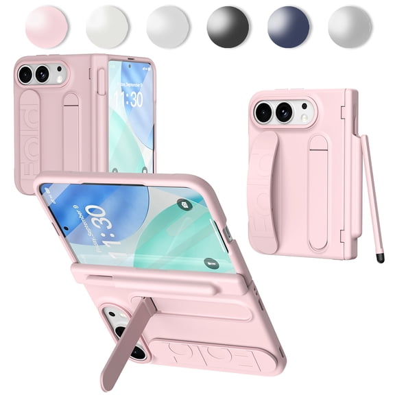 Kryonix for iPhone Duo Case with Stylus Pen Holder & Hinge Protection,Built-in Silicone Wristband with Hidden Kickstand,Front Screen Glass Protector,Slim Fit, Full Coverage for Men Women,Pink