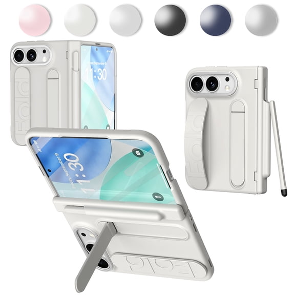 Kryonix for iPhone Duo Case with Stylus Pen Holder & Hinge Protection,Built-in Silicone Wristband with Hidden Kickstand,Front Screen Glass Protector,Slim Fit, Full Coverage for Men Women,White
