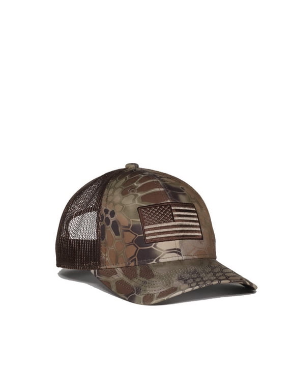 Highlander Camo American Flag Patch Trucker Hat – Structured Mid Profile Premium Pongee