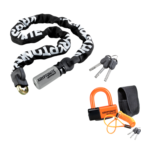 Kryptonite Evolution Series 4 Motorcycle Disc Lock & Keeper 712 Integrated Chain Lock Bundle | 14mm Hardened Steel Disc Lock + 4 ft 7mm Security Chain | Anti-Theft Lock Set for Motorcycles & Scooters