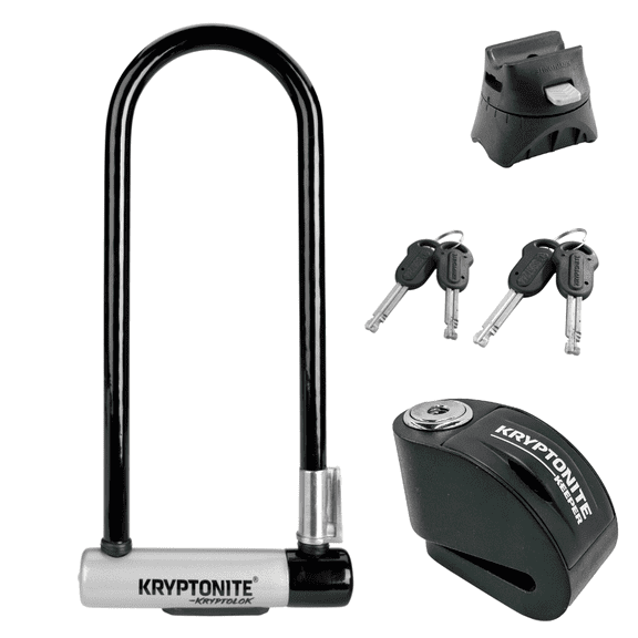 Kryptonite Kryptolok ATB U-Lock and Kryptonite Keeper Alarm Disc Lock, Double deadbolt design, 2 Stainless Steel Keys, Compact Disc Brake Lock for Bicycles, E-Bikes, Motorcycles, Scooters