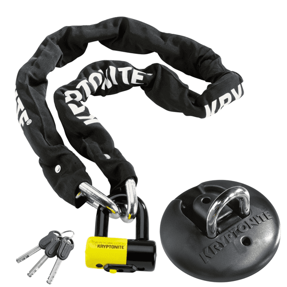 Kryptonite New York 1515 Legend Chain & Disc Lock + Stronghold Anchor, 4.9 ft Long 15 mm Steel Chain & Disc Lock with Keys, Durable steel anchor mounts, Permanent Locking Point for Bikes