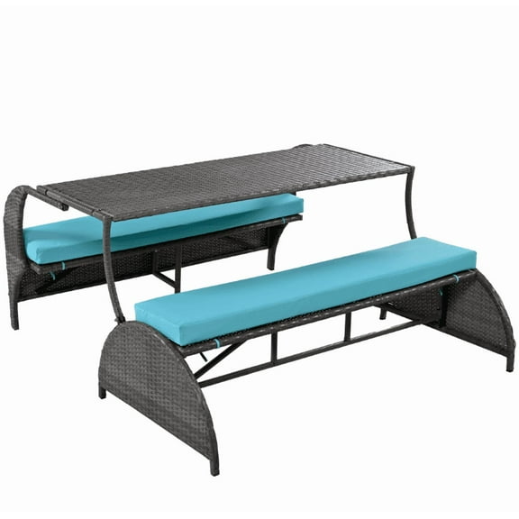 Kselythan 2-in-1 Convertible Picnic Upholstered Bench Table,57.1" Outdoor Loveseat,Portable Picnic Table Couch,Convertible To 4 Seats&1 Table,For Garden,Lawn,Backyard,Porch,Patio