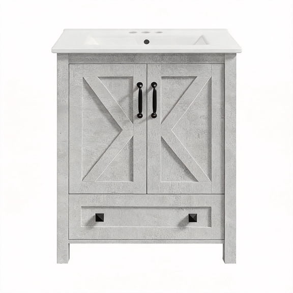 Kselythan 24 Inch Freestanding Bathroom Vanity Cabinet, Modern Wooden Bathroom Storage Unit with Ceramic Undermount Basin, 2 Soft Close Doors and 1 Tip-Out Drawer, Easy-to-Clean Sink Combo