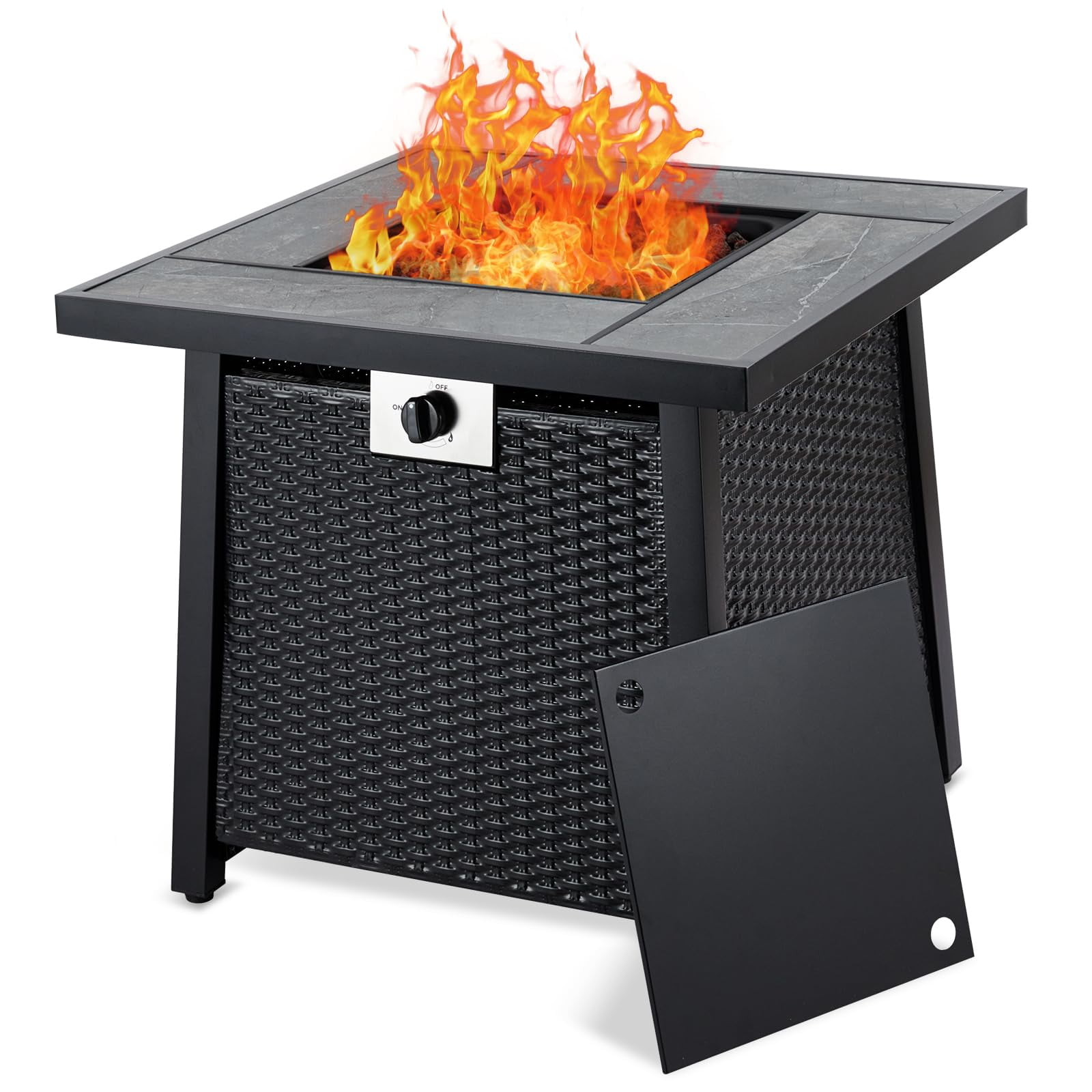 Black 28" Rectangular Propane Fire Pit Table with Imitation Rattan Panel
