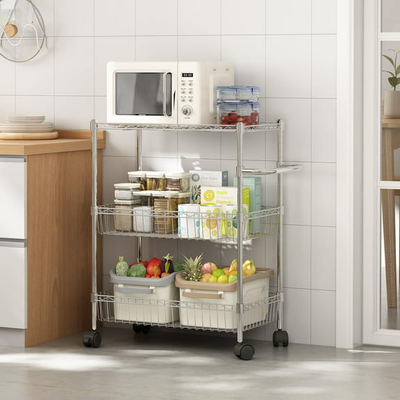Kselythan 3 Tier Rolling Cart,Utility Cart,Metal Kitchen Cart On Wheels with Baskets,Wire Shelving Rolling Snack Storage Cart Utility Trolley with Handles,Utility Shelf Plant Display Shelf