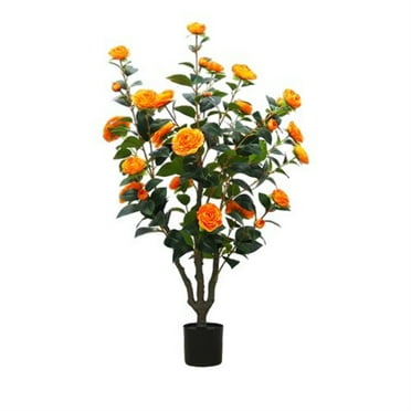 Kselythan 39"/35" Artificial Camellia Tree, Faux Floral Plant Blooming Tree in Cement Pot for Indoor & Outdoor Home Front Door Decor