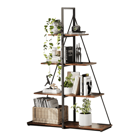 Kselythan 4 Tier Industrial A Frame Ladder Bookshelf, Wood Metal Open Display Storage Rack, Space Saving Ladder Shelf for Bedroom Living Room Farmhouse Office