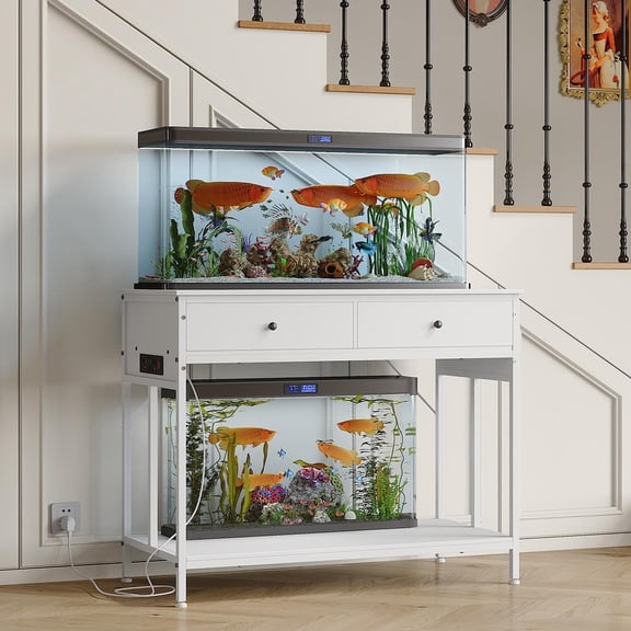Kselythan 40-50 Gallon Fish Tank Stand,2-Tier Aquarium Stand With Power Outlets,Metal Frame Terrarium Stand With Storage Shelf,Drawers,Adjustable Height,Turtle Tank Stand For Home Office