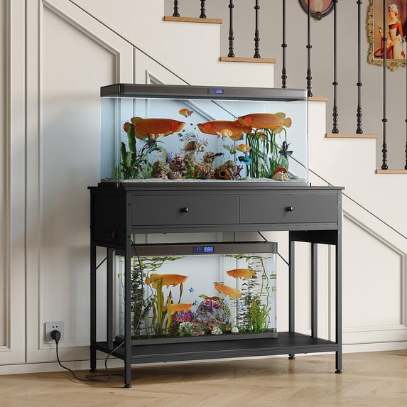 Kselythan 40-50 Gallon Fish Tank Stand,2-Tier Aquarium Stand With Power Outlets,Metal Frame Terrarium Stand With Storage Shelf,Drawers,Adjustable Height,Turtle Tank Stand For Home Office