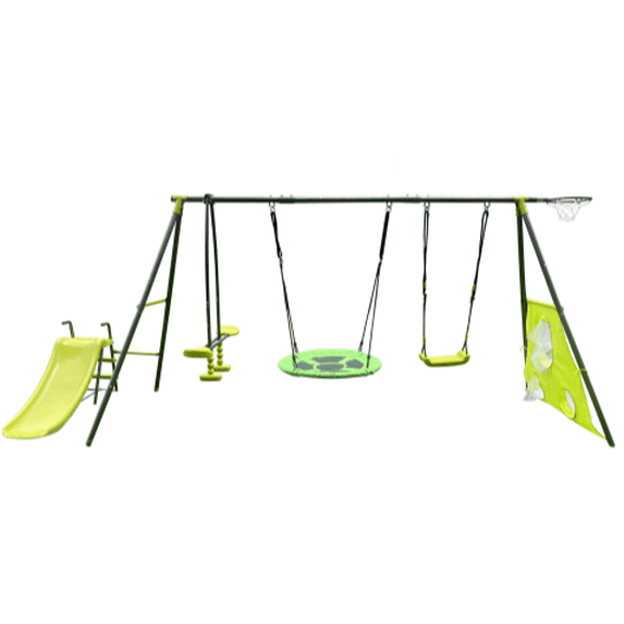Kselythan 440lbs Swing Sets,Metal Swing Frame With 31.5in Net, Swing Climbing Ladder Swing Glider Hanging Ring Basketball Hoop And Soccer Net, For Kids Aged 3+ Backyard Birthday Play