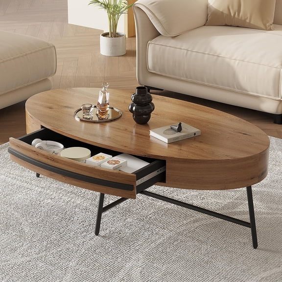 Kselythan 47.2inch Oval Coffee Table with Drawer,Mid-Century Modern Center Table,Wooden Coffee Table with Storage and Cross Metal Legs Unique Curved Design for Living Room