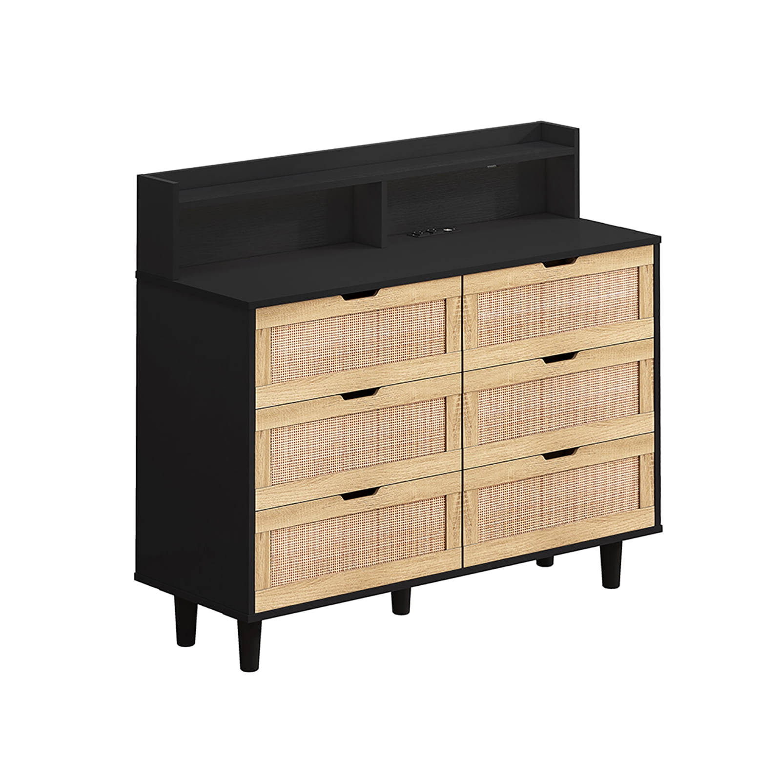 Black and Natural Rattan 43" Storage Cabinet with LED Lights and Power Outlets