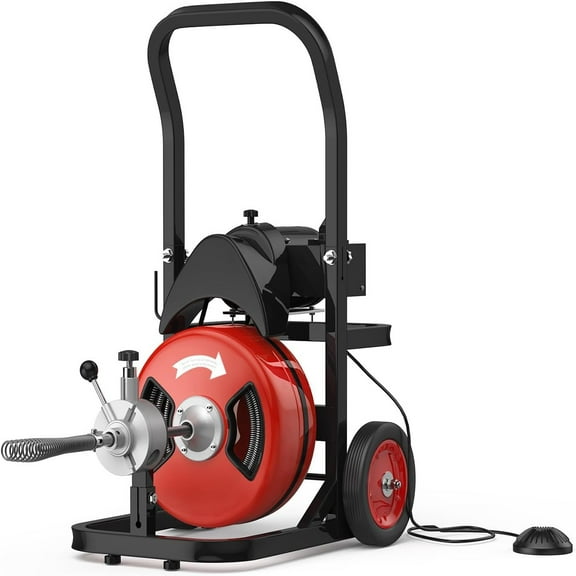 Kselythan 75 FTx1/2 Inch Drain Cleaning Machine, Auto Feed Sewer Snake Drill with Wheels, Pipe Spiral Cleaner with 4 Cutters and Pneumatic Foot Switch, for 2" to 4" Pipes