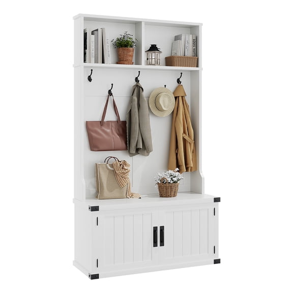 Kselythan 76 Inch Tall Farmhouse 4-in-1 Hall Tree Entryway Bench, Storage Mudroom Bench with Seating, Shoe Cubbies, Top Storage, Space Saving Organizer for Foyer Hallway