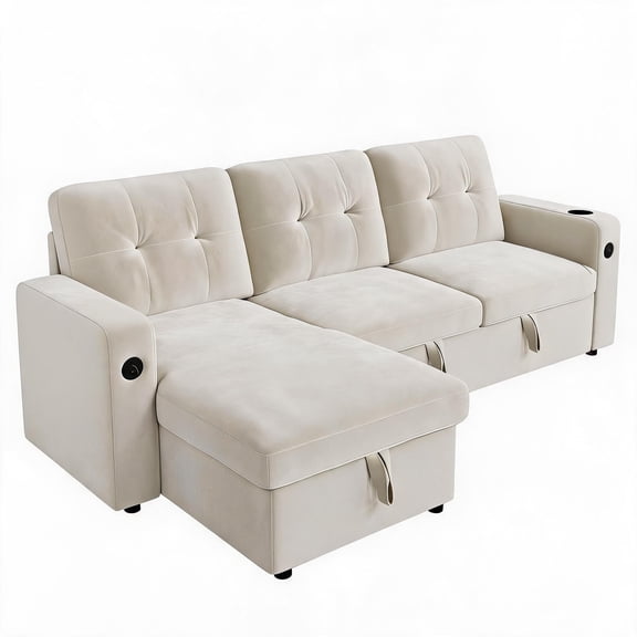 Kselythan 84 Inch L-Shaped Velvet Sleeper Sectional Sofa, Convertible Pull Out Bed with Storage LED Lights & Charging Station