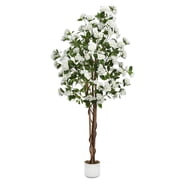 Kselythan Artificial Osmanthus Tree, Tall Potted Faux Floor Plant with Natural Solid Wood Trunk & Lifelike White Osmanthus Blooms, Low Maintenance Fake Decor Tree for Porch, Office, Wedding, Home