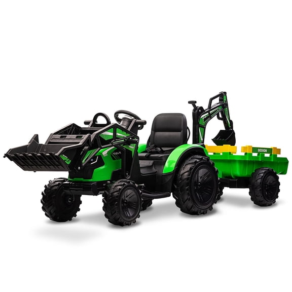 Kselythan Battery Powered 3-in-1 Ride On Tractor Vehicle, Convertible Excavator Bulldozer with Shovel Bucket & Detachable Trailer, Parent Remote Control, EVA Shock-Absorbing Tires, LED Lights