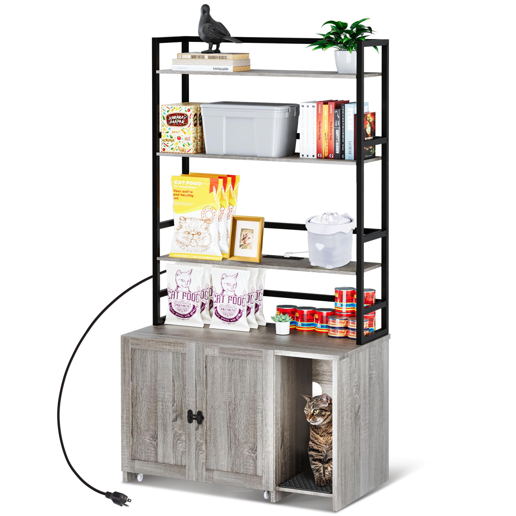 Large Gray Cat Litter Box Enclosure with Shelves and Charging Station