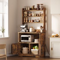 Kselythan Coffee Bar Cabinet,Microwave Stand Bakers Rack Cabinet with Power Outlet and Storage,Thickened Counter,Farmhouse Bakers Rack Kitchen Cabinet,Freestanding Kitchen Bakers Rack with Storage