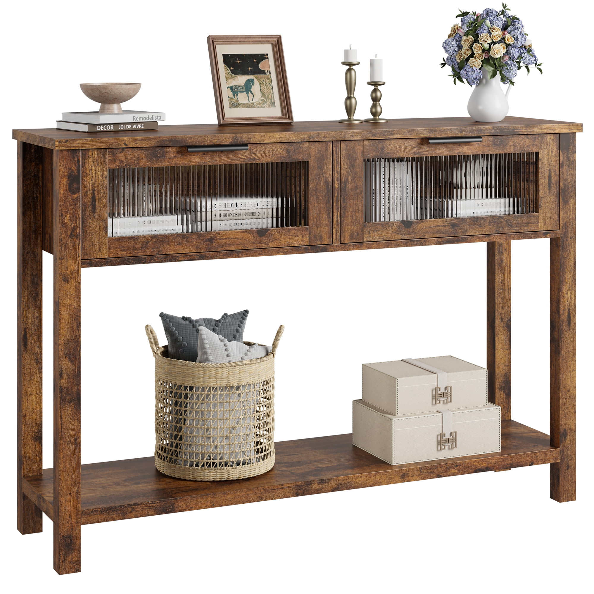 Kselythan Console Table, Entrance Table with Glass Drawers, Narrow Sofa Table with Shelves, 3 ...