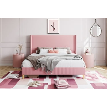 Kselythan Corduroy Upholstered Bed Frame with Headboard, Wooden Slats Support Platform Bed Frame, Noise-Free Bed, No Box Spring Needed, Easy Assembly