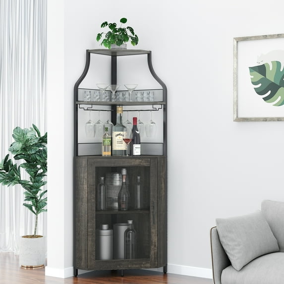 Kselythan Corner Bar Cabinet for Liquor,Wine Bar Cabinet with Glass Holder, Liquor Bar Cabinet with Mesh Door and Adjustable Shelf, Liquor Cabinet Bar for Home Bar