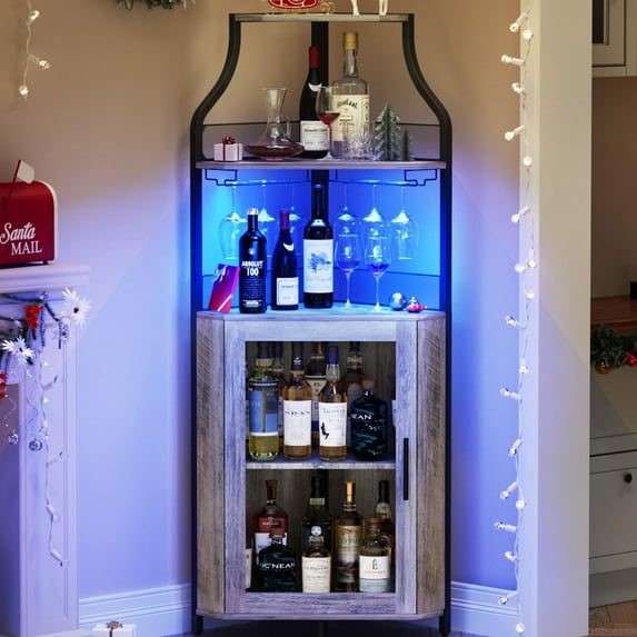 Kselythan Corner Bar Cabinet for Liquor,Wine Bar Cabinet with Glass Holder, Liquor Bar Cabinet with Mesh Door and Adjustable Shelf, Liquor Cabinet Bar for Home Bar