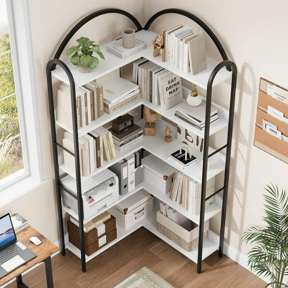 Kselythan Corner Shelf,5-Tier Industrial Corner Bookshelf, L Shaped Bookshelf Arched 5 Tier Corner Shelf,Wood and Metal Etagere Bookcase, Freestanding Display Shelf for Home Office