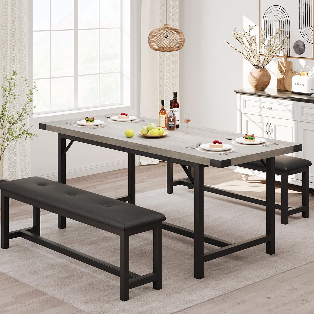 Kselythan Dining Table Set for 4-6, 63" Extendable Kitchen Table with 2 ...