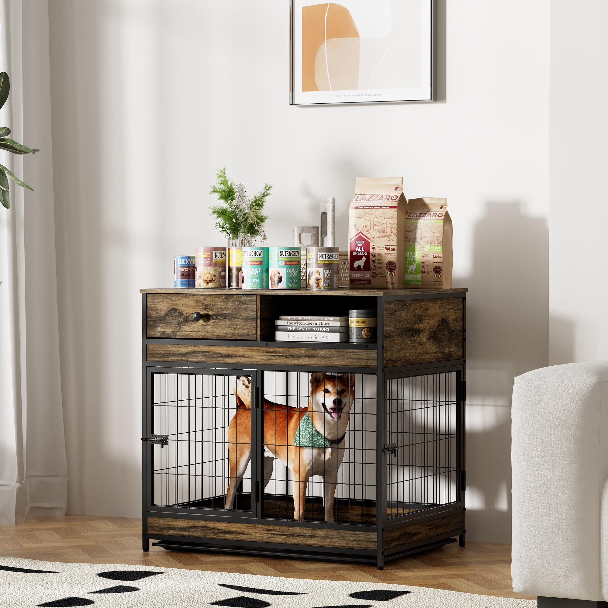 Image showcasing Kselythan Dog Crate Furniture, Dog Crate End Table with Drawer and ...
