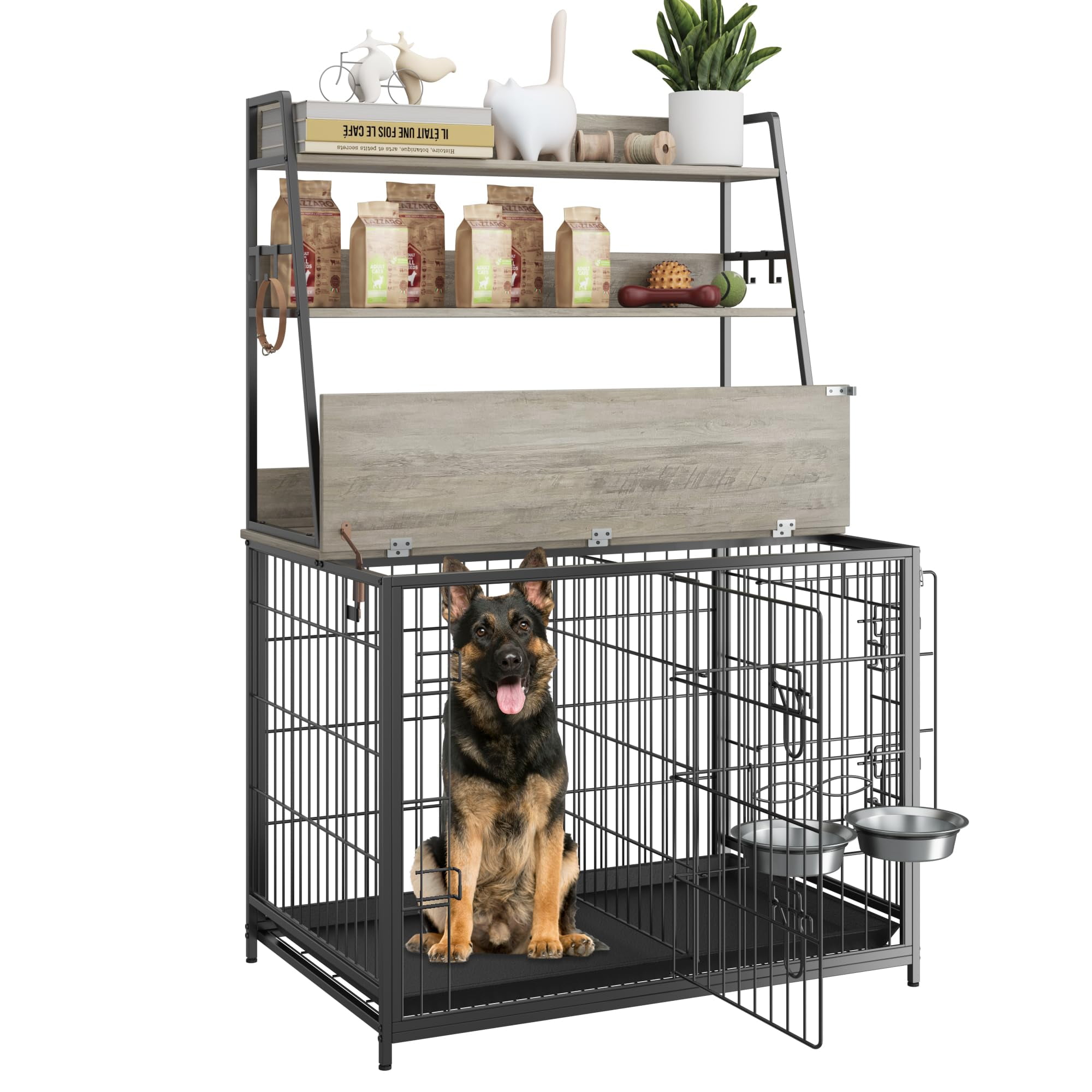Medium Gray Metal and Wood Dog Crate with Shelves