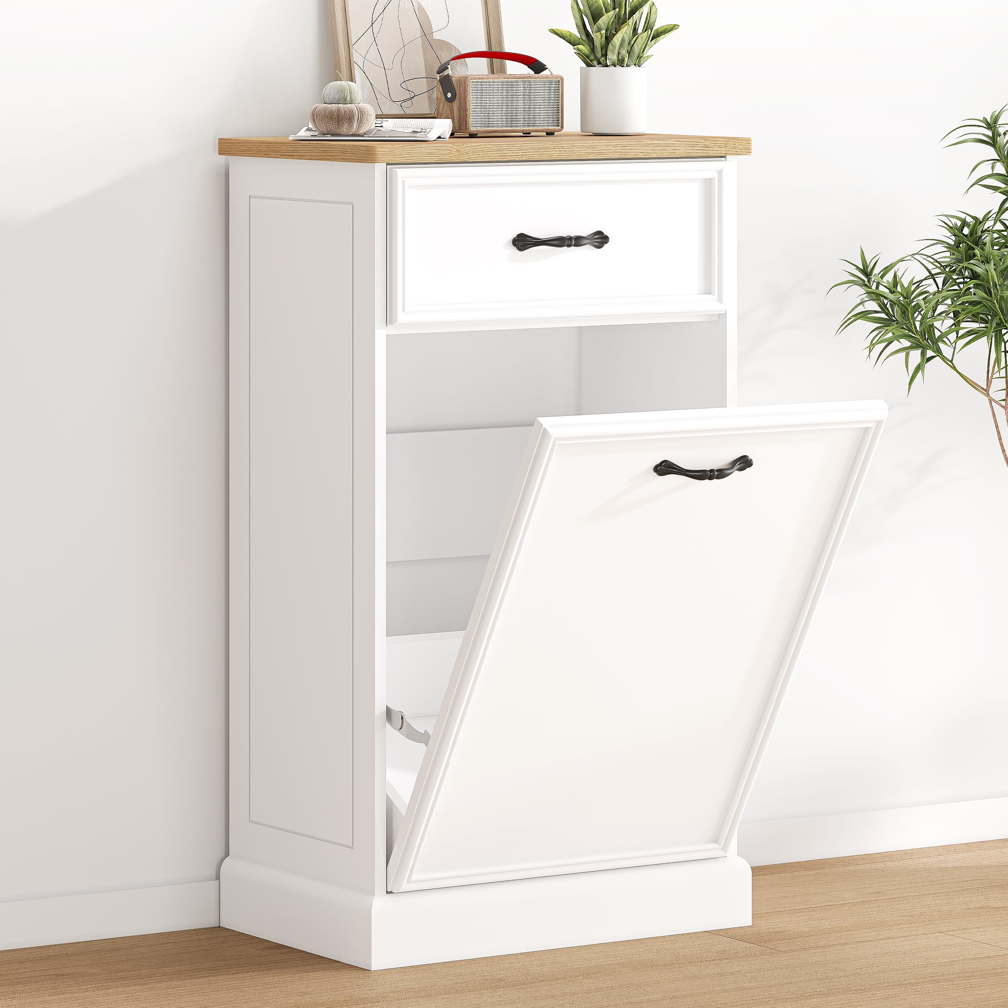 White Wood Tilt-Out Trash Can Cabinet with Storage