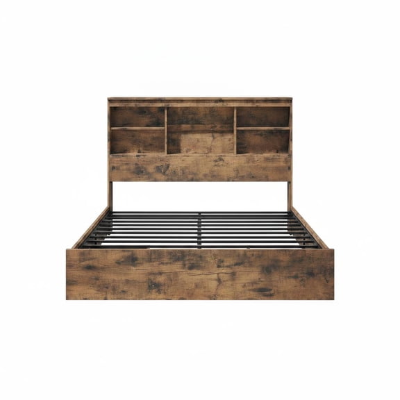 Kselythan Farmhouse King Size Storage Bed Frame, 51 Inch Tall Bookcase Headboard with Built-In Charging Station, 4 Underbed Storage Drawers, Quiet Metal Support Platform Bed