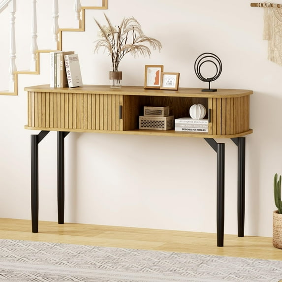 Kselythan Fluted Console Table with Storage,Wood Sofa Table with Sliding Door,Farmhouse Behind Couch Table with Drawers,Entryway Table with Storage Space for Living Room,Couch,Hallway,Foyer