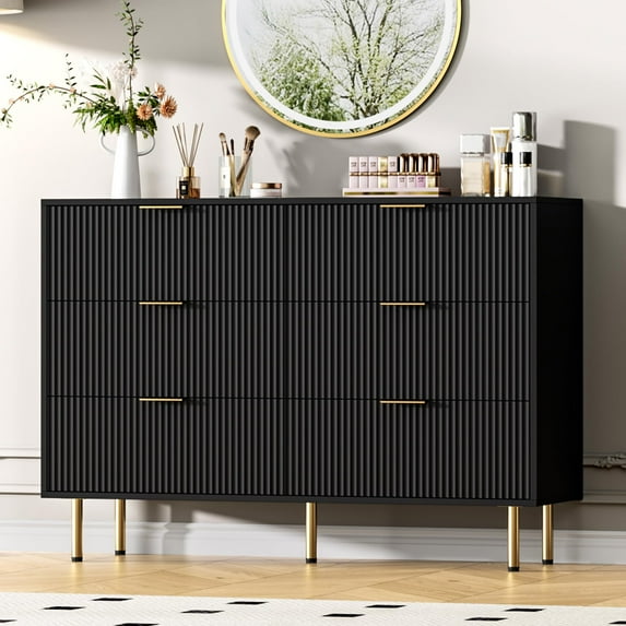 Kselythan Fluted Wood Dresser 6 Drawers Dresser for Bedroom,Large Modern Chest of Drawers,Modern Dressers TV Stand,Dresser with Gold Handle,Wood Drawer Organizer for Bedroom,Living Room