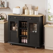 Kselythan Foldable Kitchen Island Cart with Wheels, 2 Glass Doors, Spice Rack & Towel Holder,Compact Mobile Storage Cart for Small Kitchens, Dining Rooms, Camping & RVs