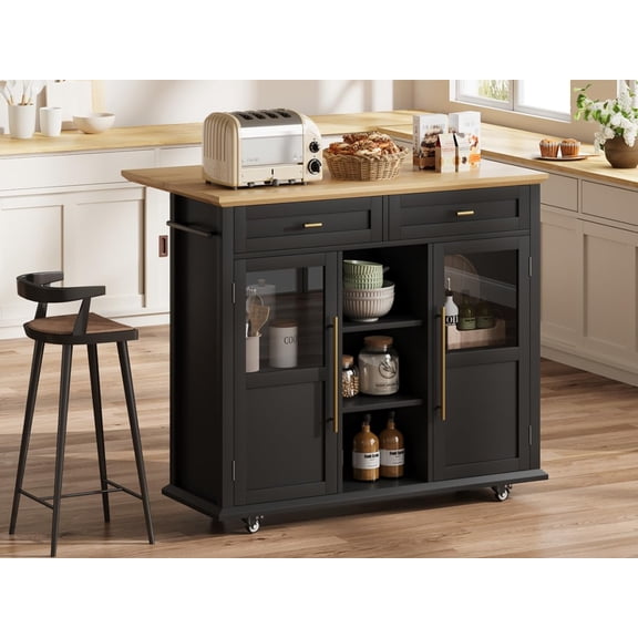 Kselythan Foldable Kitchen Island On Wheels,Rolling Kitchen Island Cart with 2 Glass Doors,Spice Rack & Towel Holder,Kitchen Island Table with Storage Cabinet,Compact Mobile Storage Cart for Kitchen