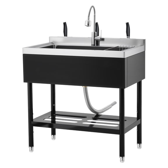 Kselythan Freestanding Stainless Steel Laundry Sink, Utility Sink with Hot & Cold Water Faucet, Adjustable Height Legs, Storage Shelf, Drain Kit & Accessories, Commercial Kitchen Laundry Tub